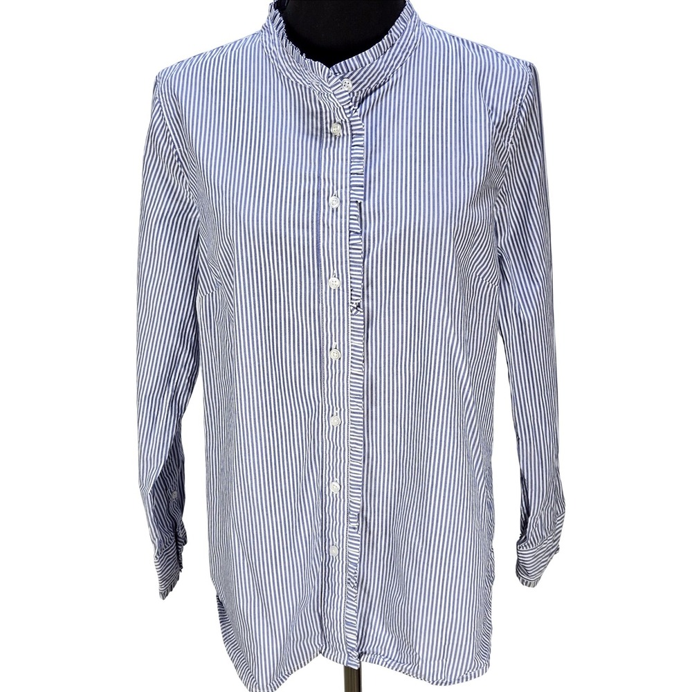Women's Talbots Large P Blue Striped Ruffle Collar Button Down Shirt Coastal